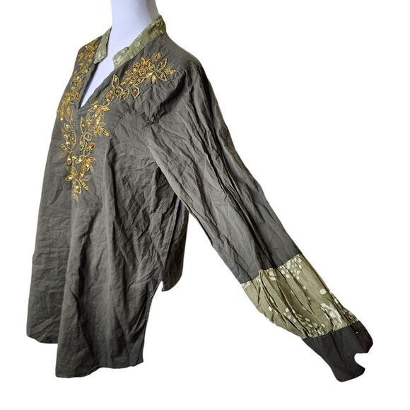 Ulla Popken Tunic Top Women Size 12 Green Long Sleeve VNeck Boho Sequin - Picture 2 of 7